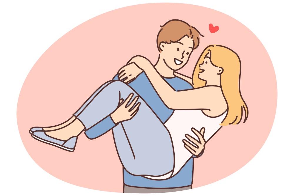 Smiling loving man hold in arms excited woman. Happy guy carrying in hands joyful girl. Love and relationships. Vector illustration.. Smiling man carry in hands happy woman