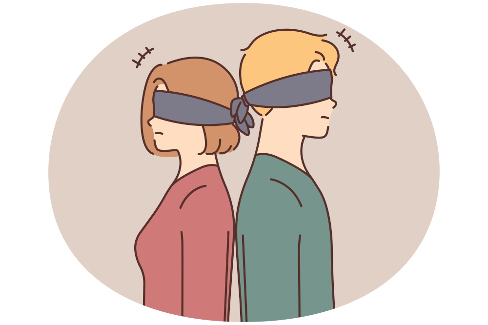 Blindfolded couple standing back to back ignoring after breakup or separation. Man and woman in blindfolds avoid communication. Relationship problem. Vector illustration.. Blindfolded couple stand back to back