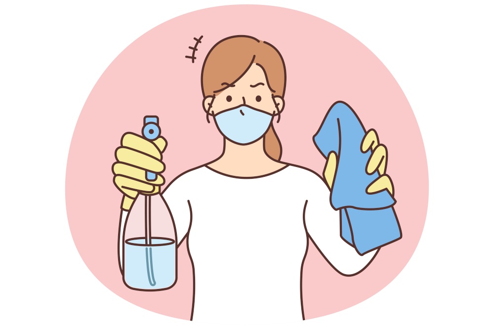 Woman in face mask hold detergents in hands ready for cleaning. Female housekeeper with liquid and cloth. Housekeeping concept. Vector illustration.. Woman with detergents for cleaning