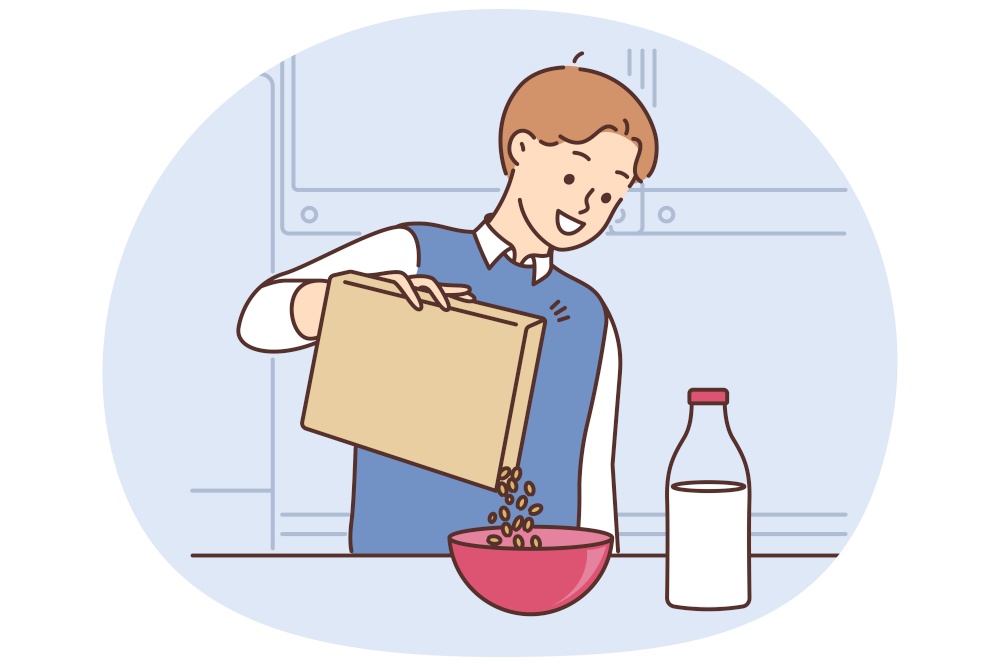 Smiling man eat cereal with milk at home. Happy guy prepare healthy granola for breakfast. Diet and nutrition. Vector illustration.. Smiling man eat cereal with milk for breakfast