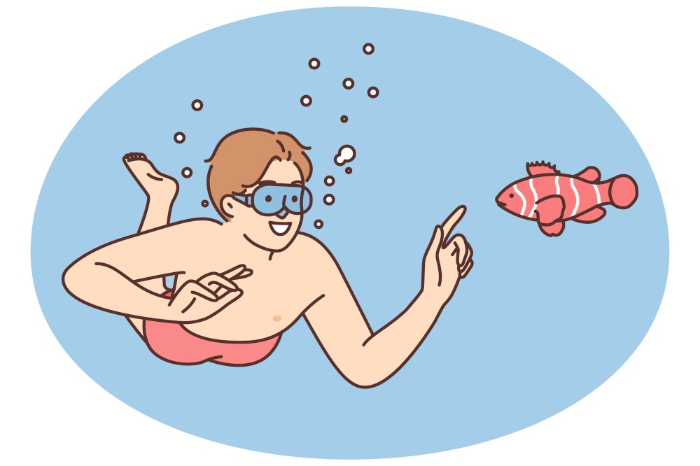 Smiling man in swimwear with goggles swimming under water with fish. Happy male diver enjoy underwater life on summer vacation. Vector illustration.. Smiling man in goggles swim underwater