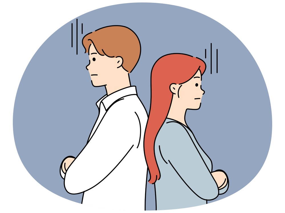 Unhappy offended couple stand facing backs suffer from problems in relationships. Hurt mad man and woman ignore each other avoid talking. Vector illustration.. Unhappy couple avoid talking