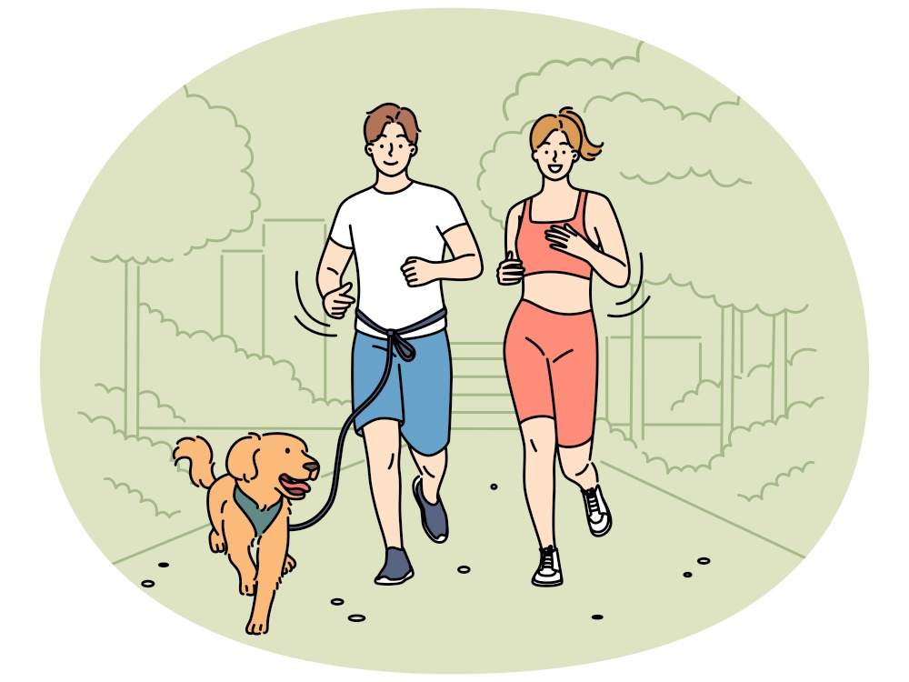 Smiling couple in sportswear jogging together with dog in park. Happy man and woman running outdoors with puppy. Sport and healthy lifestyle. Vector illustration.. Happy couple jogging in park with dog