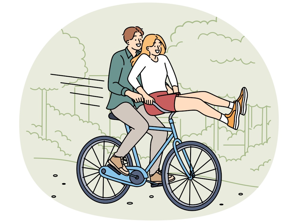 Overjoyed young man and woman ricing bicycle in park together. Smiling couple have fun enjoy bike ride outdoors in summer. Vector illustration.. Overjoyed couple ride bike in park