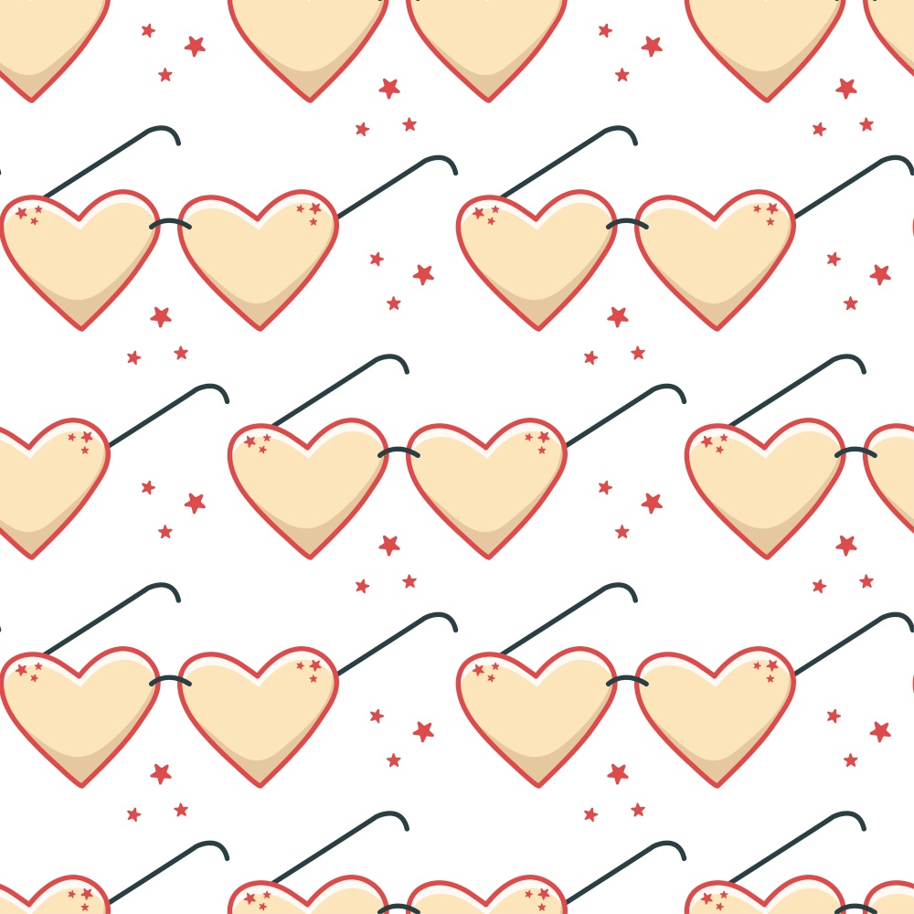 Heart shaped glasses seamless pattern. Background with kid glasses and stars. Print for baby textiles, paper, packaging and design, vector illustration. Heart shaped glasses seamless pattern