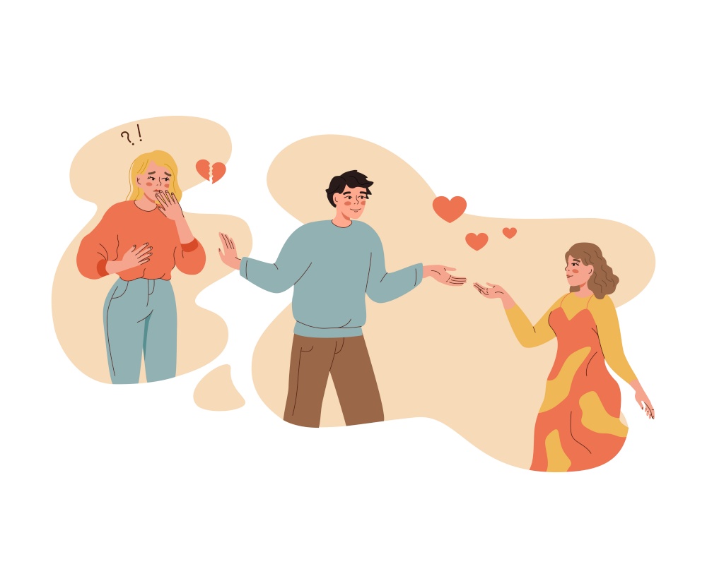 Love triangle of man confused in romantic feelings and choosing between two women. Vavilas guy leaves upset girlfriend after meeting new lover, with whom wants to start family and have children. Love triangle of man confused in romantic feelings and choosing between two women