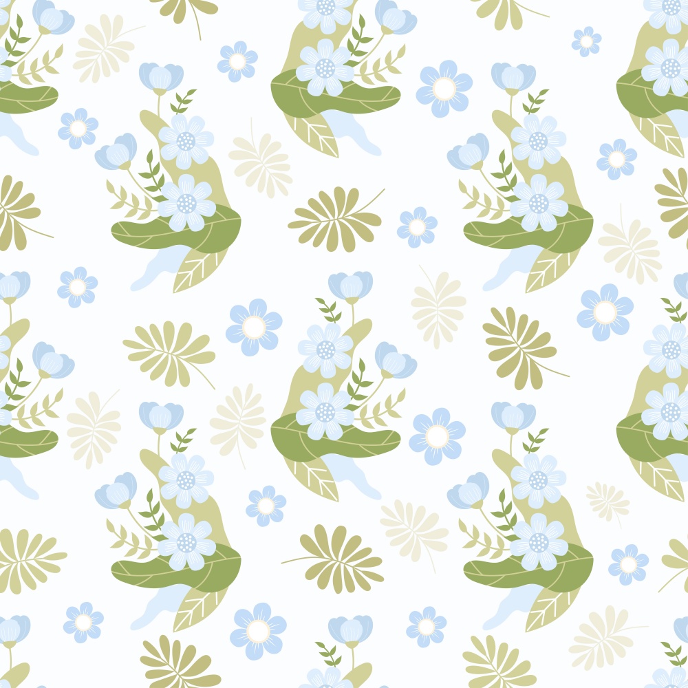 Floral seamless pattern. Gently blue flowers with branches and leaves on white background. Vector illustration.