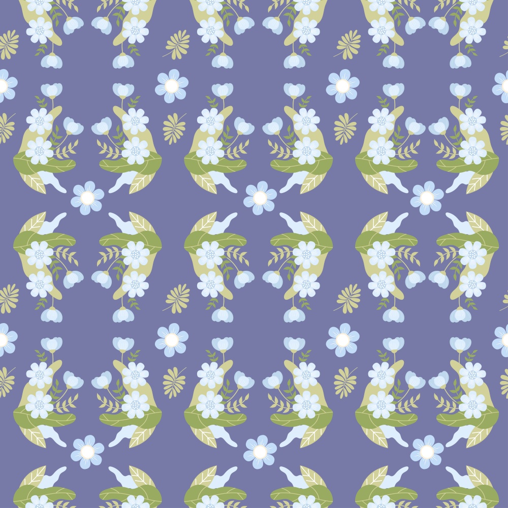 Floral seamless pattern. Ornament of gently blue flowers and leaves on dark blue background. Vector illustration.