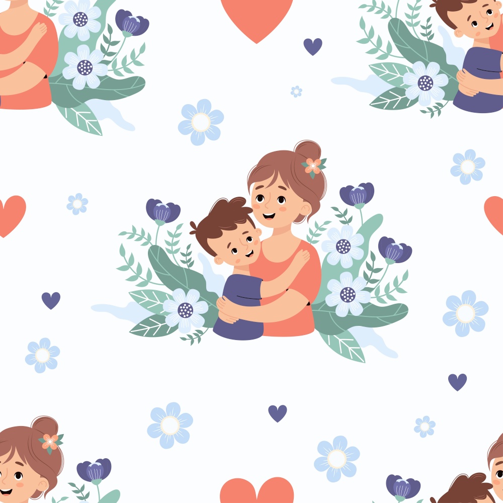Seamless pattern with happy woman mom with son on background with flowers. Vector illustration in flat cartoon style. Mothers holiday confession.