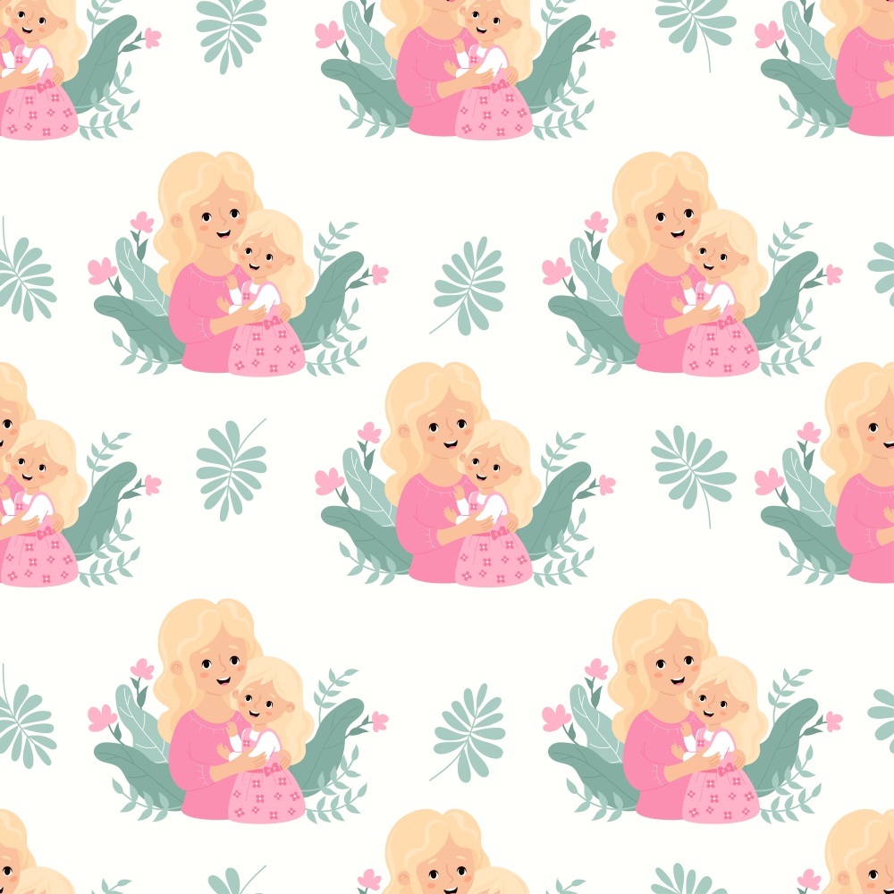 Seamless pattern with blonde woman mother with fair-haired daughter in pink on white background. Blonde Day, Mothers Day holiday. Vector illustration in flat cartoon style.
