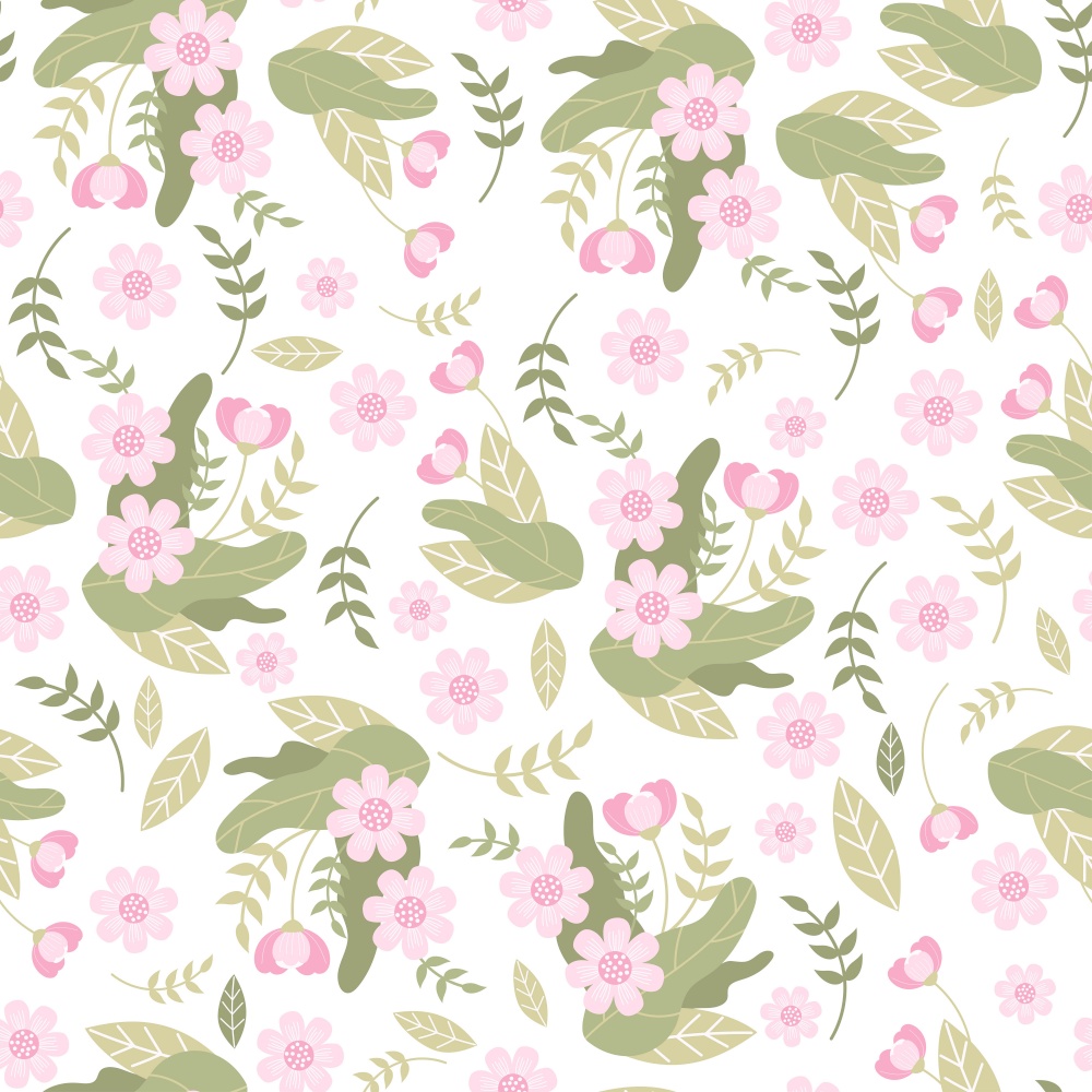 Floral seamless pattern. Gently pink flowers and leaves on white background. Vector illustration.