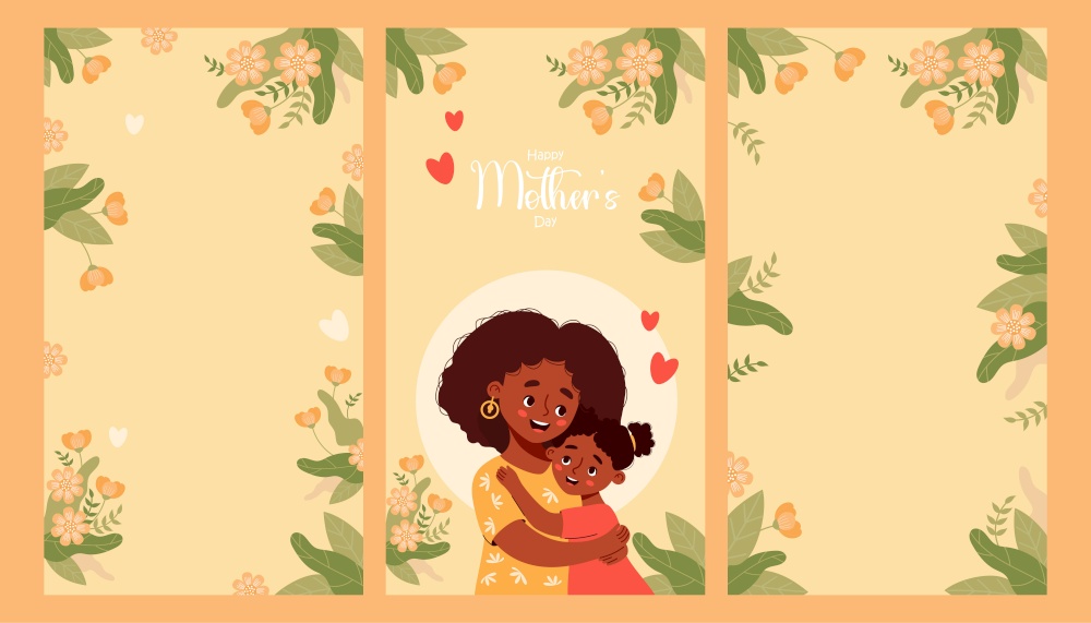 Mother&rsquo;s Day posters. Happy ethnic black woman hugs daughter on yellow background with  flowers. Vertical isolated festive banners. Vector illustration.
