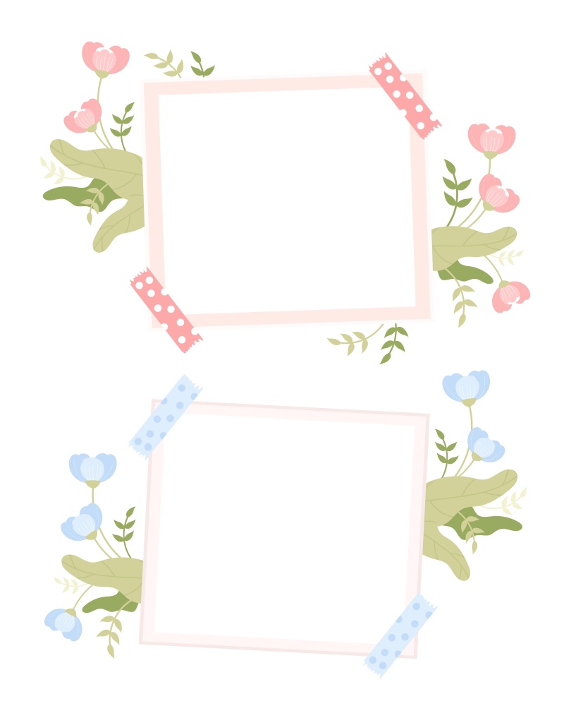 Photo frame picture frame set. Photography with empty space with soft pink and blue flowers. Vector illustration. Isolated template in flat style for holiday design.