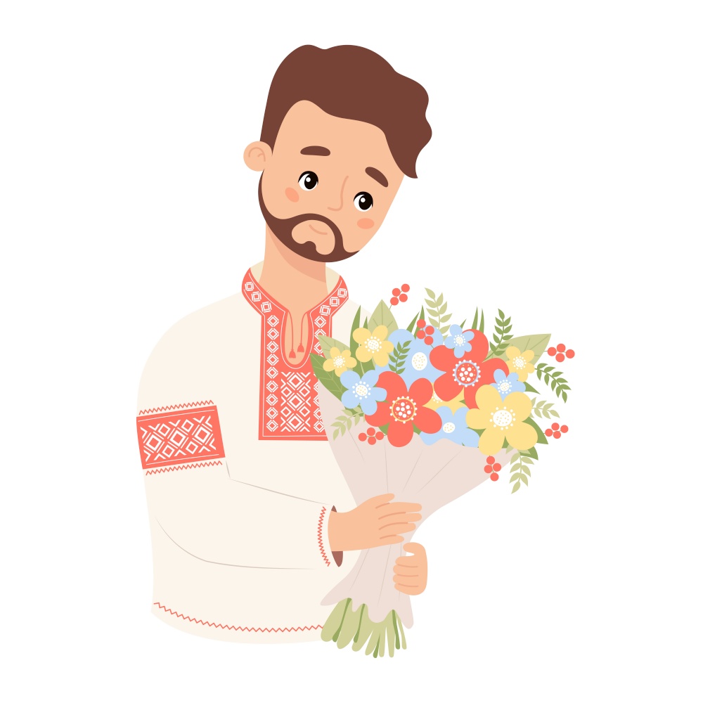 Ukrainian bearded man in traditional national clothes, embroidered shirt with bouquet flowers. Cute male character for design festive themes of birthday, father&rsquo;s day. Vector illustration.