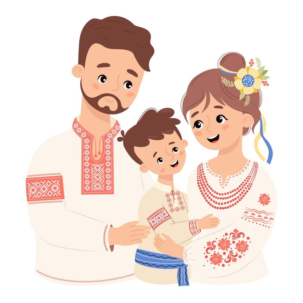 Cute Ukrainian family. Happy bearded man father hugs his wife and son in traditional clothes embroidered shirt. Vector illustration. Festive nation character family in flat style on white background.