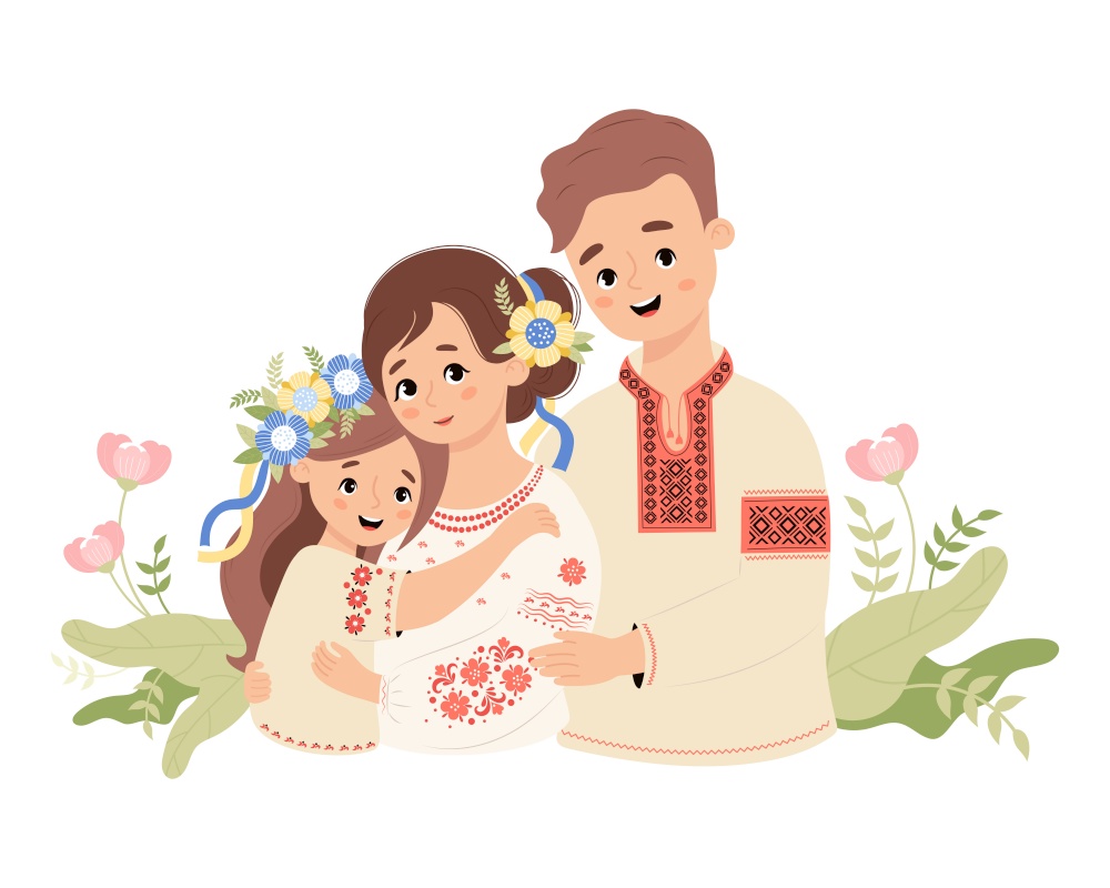 Happy Ukrainian family. Cute father, mother and daughter with floral wreath with yellow-blue ribbons in traditional clothes embroidered shirt. Vector illustration. Festive national character family.