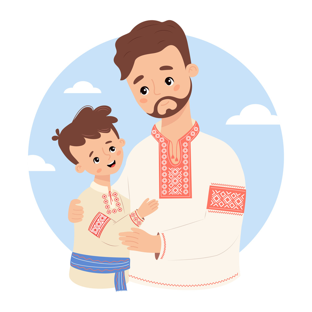 Happy Ukrainian bearded man father with son in traditional  clothes embroidered vyshyvanka. Festive nation character family. Vector illustration for design festive themes, father&rsquo;s day.