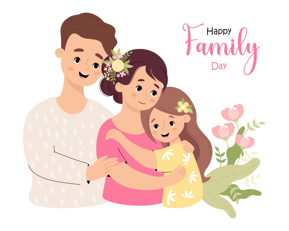 Happy Family Day card. Cute man father, with wife and daughter in flowers. Vector illustration.