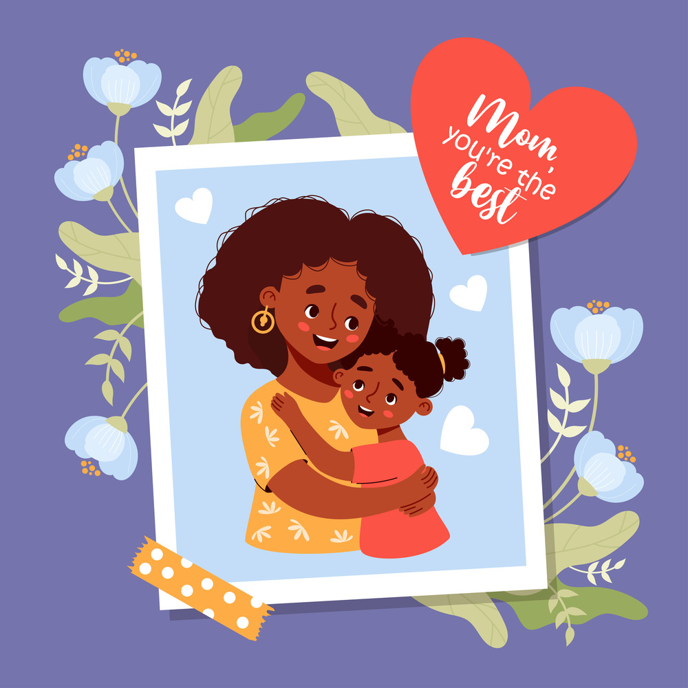Cute photograph from happy ethnic black woman mother with her daughter with flowers. Mother&rsquo;s holiday confession and congratulations. Vector illustration