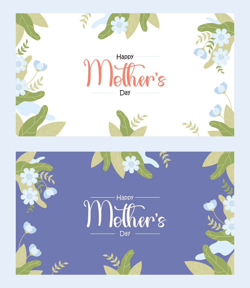 Floral banners Happy Mothers Day. Gently blue flowers on white and dark blue background with congratulations. Horizontal isolated festive posters. Vector illustration in flat style.