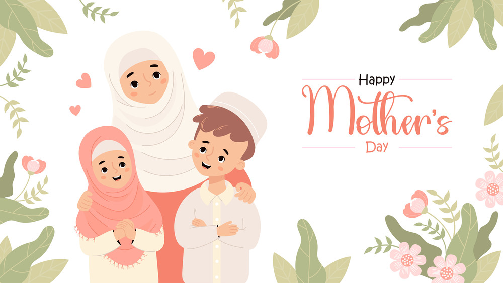 Happy Islamic family. Mothers Day poster. Cute muslim mother with son and daughter on white background with flowers. Horizontal festive banner. Vector illustration in flat cartoon style.