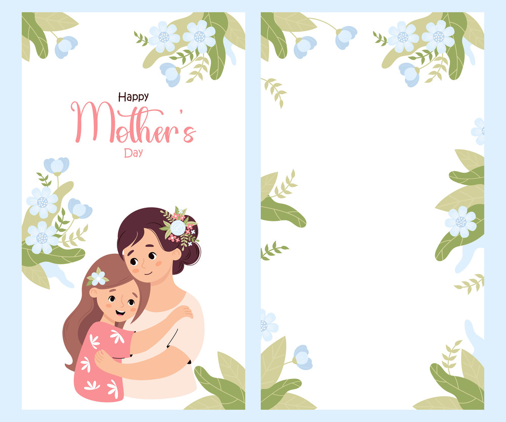 Happy Mother&rsquo;s Day posters. Cute woman tenderly hugs daughter on white background with blue flowers and leaves. Vertical isolated festive floral banners. Vector illustration in flat cartoon style.