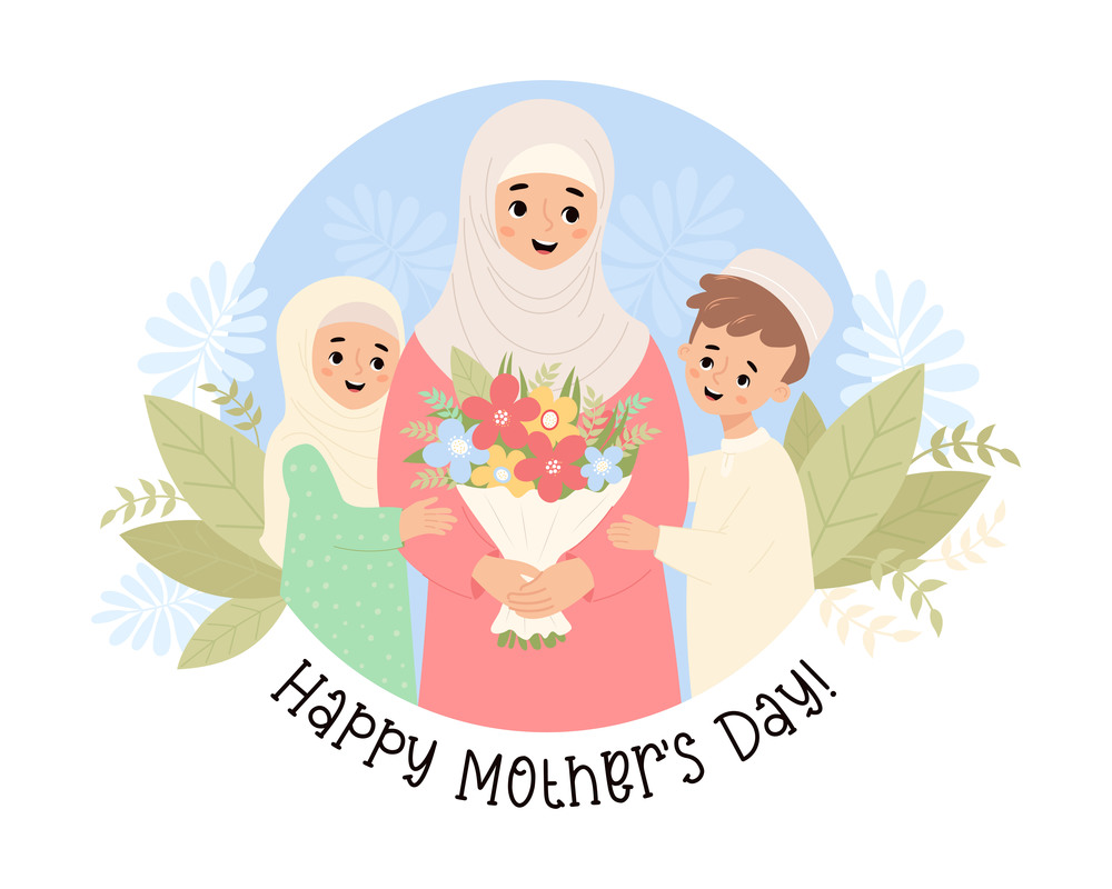 Cute muslim woman mother with her children son and daughter with bouquet of flowers. Happy Mother&rsquo;s Day postcard. Vector illustration. Positive holiday islamic family in cartoon flat style.