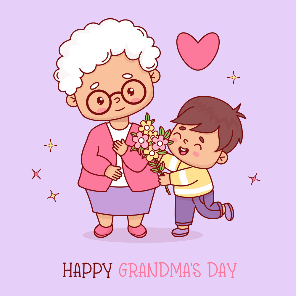 Happy grandma&rsquo;s day. Cute holiday grandma with with little boy grandson with bouquet flowers. Vector illustration cartoon flat style.