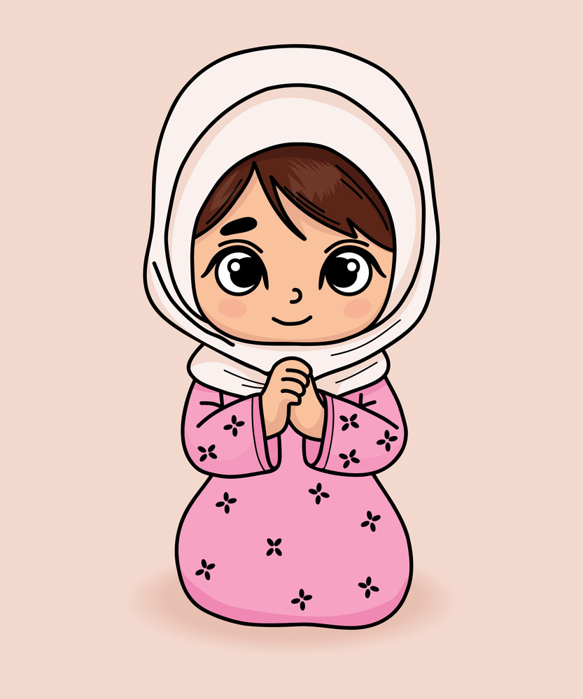 Cute praying little girl in headscarf. Religious believer child character with hands folded in prayer. Vector illustration. Color hand drawing with doodle style. Kids collection..