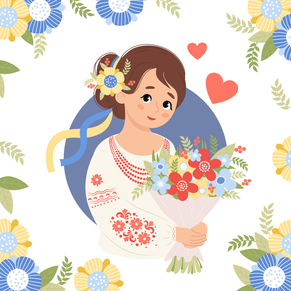 Ukrainian girl in traditional national embroidered shirt with bouquet. Cute female character for design festive birthday, Mother&rsquo;s day, Womens day. Square vector illustration card with floral pattern
