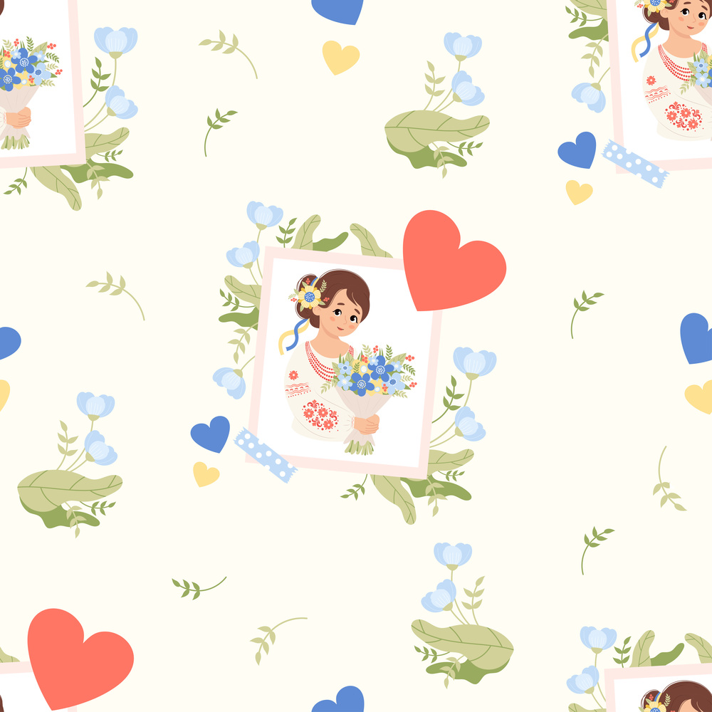 Seamless pattern with Ukrainian woman in traditional clothes embroidered shirt with bouquet flowers on white background with flowers. Vector illustration. Cultural national female character.