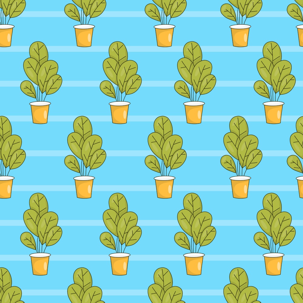 Seamless pattern with indoor plants in flowerpots on blue striped background. Vector illustration.