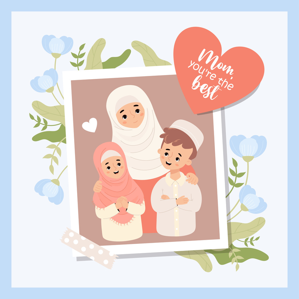 Cute holiday islamic family. Photo from happy Muslim woman mother with her children son and daughter with flowers. Mother&rsquo;s confession and congratulations. Vector illustration in flat cartoon style