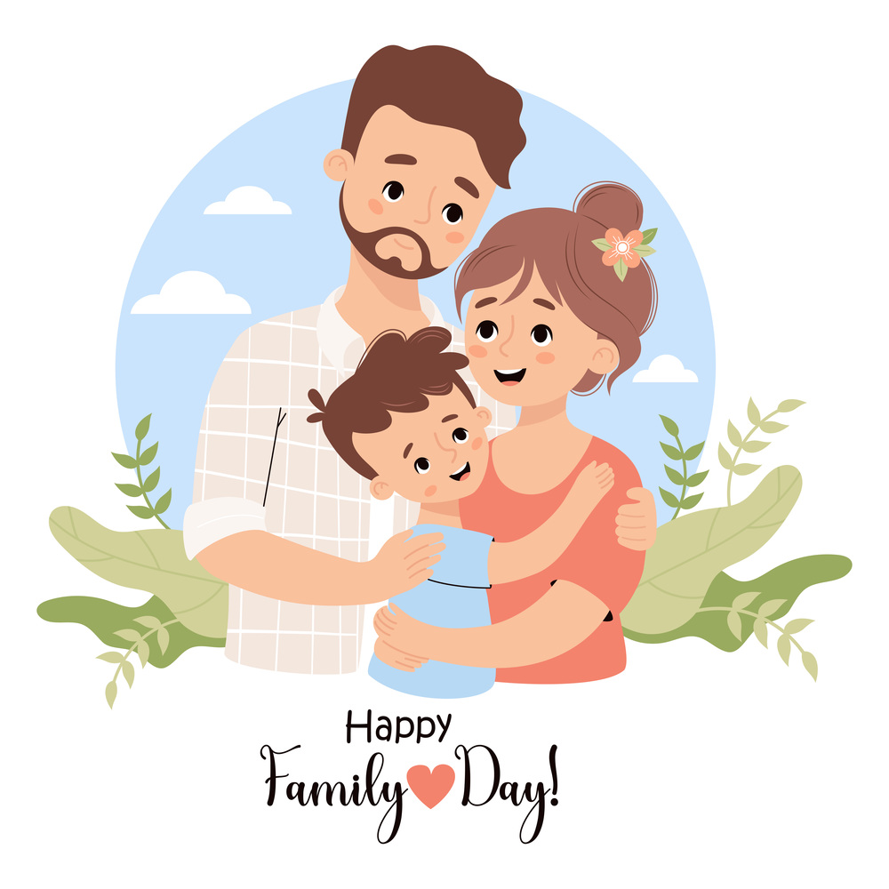Happy Family Day card. Cute bearded man father hugging his brunette wife and son. Vector illustration. Holiday character family.