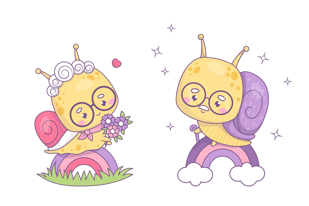 Cute pair elderly snails grandparents. Grandmother with bouquet flowers and grandfather in glasses on rainbow. Positive happy beloved insects kawaii characters. Vector illustration