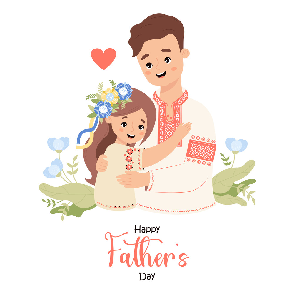 Happy Father&rsquo;s Day card. Ukrainian man and daughter with floral wreath with yellow-blue ribbons in traditional clothes, embroidered shirt. Vector illustration. Festive national character family.