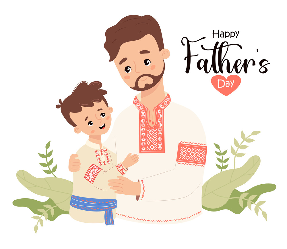 Happy Father&rsquo;s Day card. Ukrainian bearded man dad with son in traditional embroidered clothes, vyshyvanka on white background. Festive nation character family. Vector illustration.