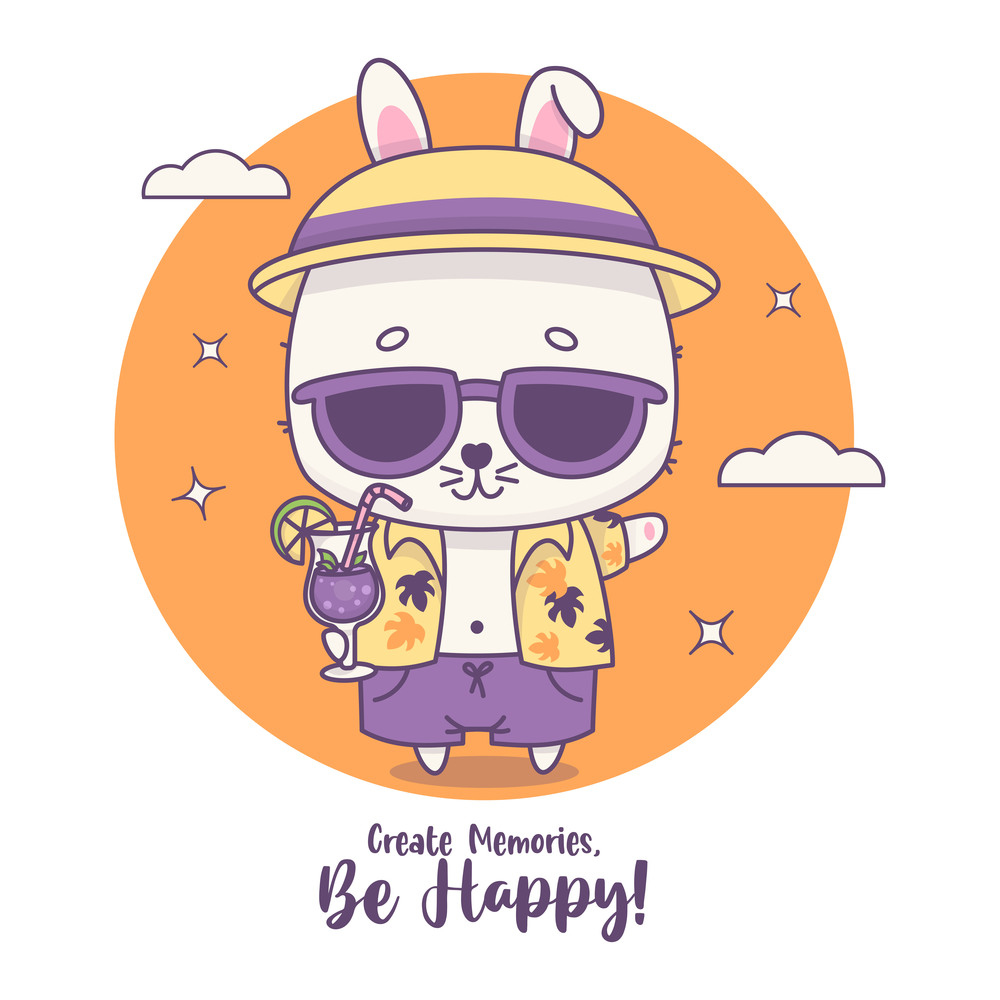 Happy beach bunny boy in sunglasses with cocktail. Funny kawaii animal character. Vector illustration.
