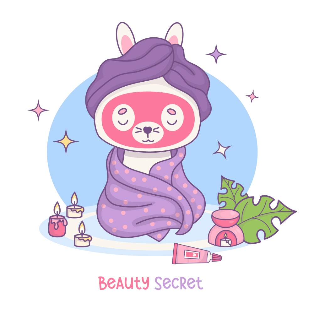 Cute bunny wrapped in towel with mask on his face. Spa treatments, relaxation, hygiene and self-care. Funny cartoon kawaii character animal. Vector illustration