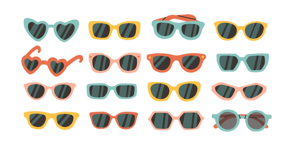 Various Sunglasses. Different shapes, colors. Plastic, metal frame. Hand drawn modern. Design elements set. Isolated objects. Summer fashion accessories, sun protection concept.