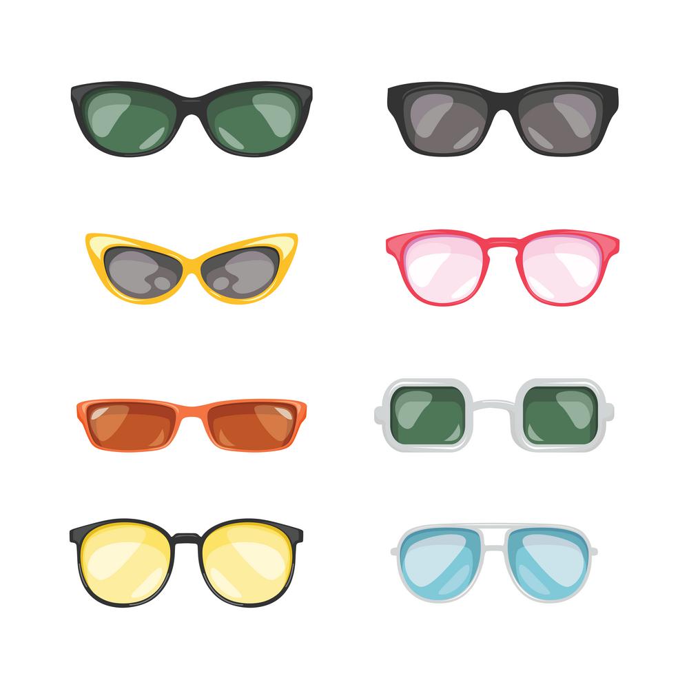 Set of different sunglasses icons. Retro glasses to protect eyes from sun in summer season. Hipster eyewear or lenses of different shapes. Cartoon flat vector collection isolated on white background
