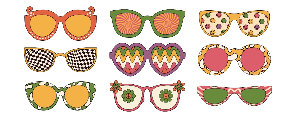 Collection of groovy trippy sunglasses in hippie boho style. Vector illustrations isolated on white background. Collection of groovy trippy sunglasses in hippie boho style. Vector illustrations isolated on white background.