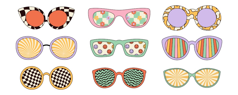 Groovy sunglasses set in retro hippie style. Vector illustrations isolated on white background. Groovy sunglasses set in retro hippie style. Vector illustrations isolated on white background.