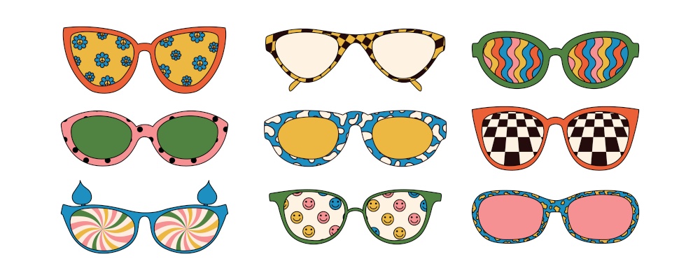 Set of trippy sunglasses in different forms with patterns. Vector illustrations isolated on white background. Set of trippy sunglasses in different forms with patterns. Vector illustrations isolated on white background.