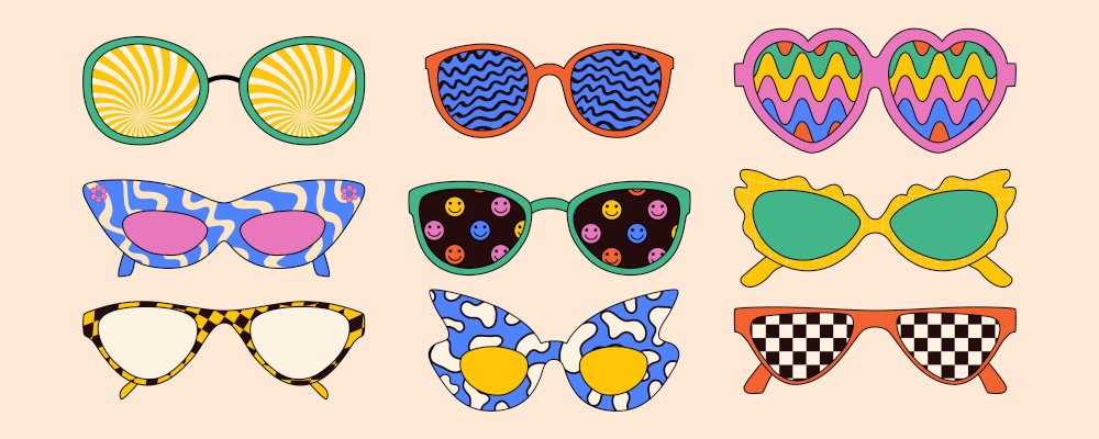 Groovy sunglasses psychedelic set in Y2k style. Vector illustration.. Groovy sunglasses psychedelic set in Y2k style. Vector illustration