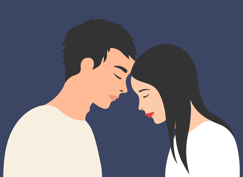 Guy and Girl standing head to head. Portrait of lovers. Vector illustration