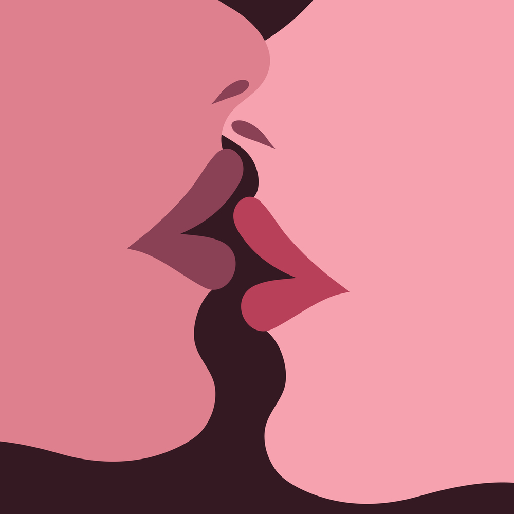 Close up portrait of two kissing women. Lesbian couple kissing. Women lips kissing. Vector illustration