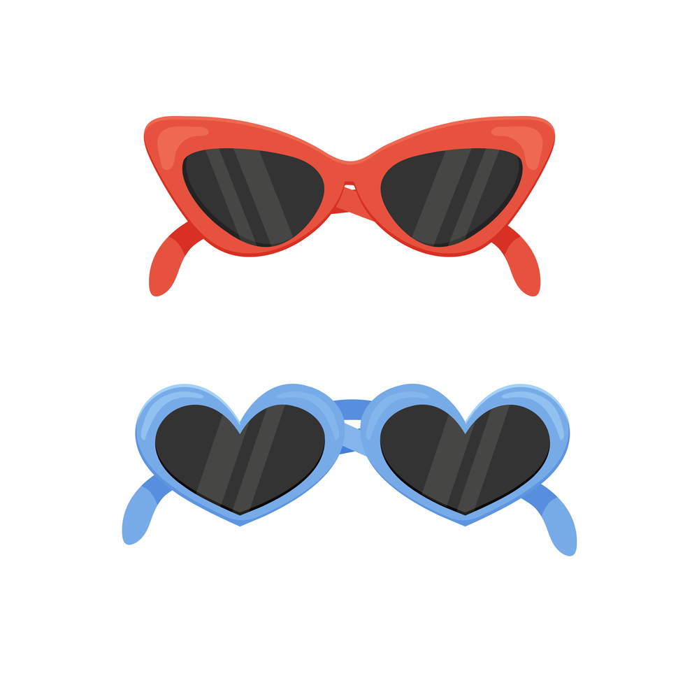 Women&rsquo;s glasses in cat eye shape, and blue with hearts. vector solated on white background. Women&rsquo;s glasses in cat eye shape, and blue with hearts. vector illustration isolated on white background