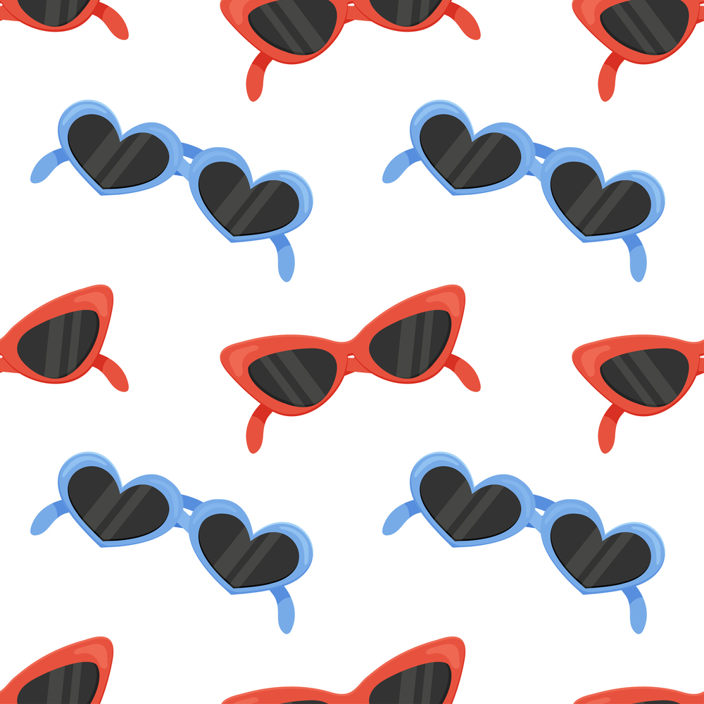 Seamless pattern, different sunglasses, heart shaped red and blue, vector. For wrapping paper, fabric, . Seamless pattern, different sunglasses, heart shaped red and blue, vector. For wrapping paper, fabric, background