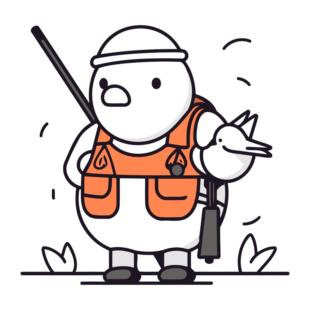 Fisherman with a seagull. Vector line art illustration.